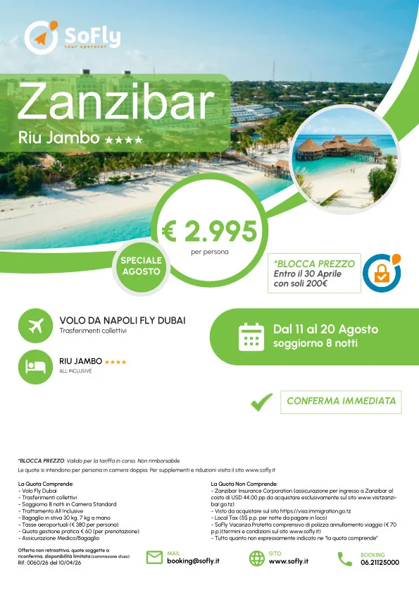 SPECIALE ZANZIBAR AGOSTO CON VOLO DA NAPOLI